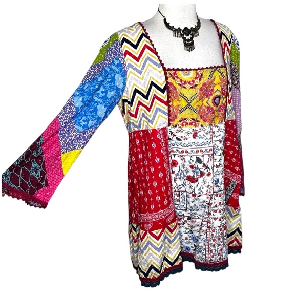 Anthropologie Let Me Be Babydoll Top Multicolor Patchwork Tie Back Tunic Size 10 - Picture 1 of 11
